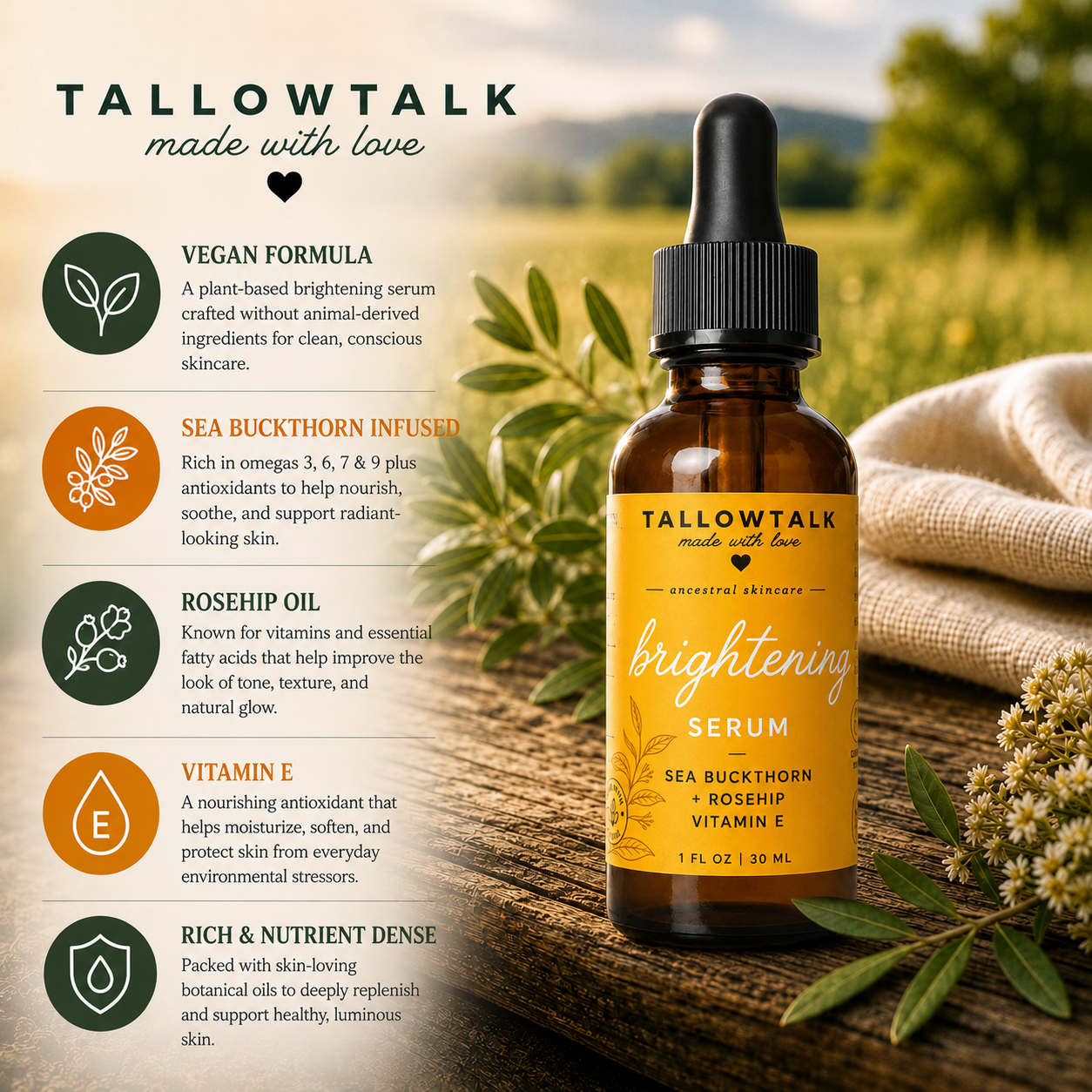 Brightening Vegan Serum — Rosehip + Sea Buckthorn